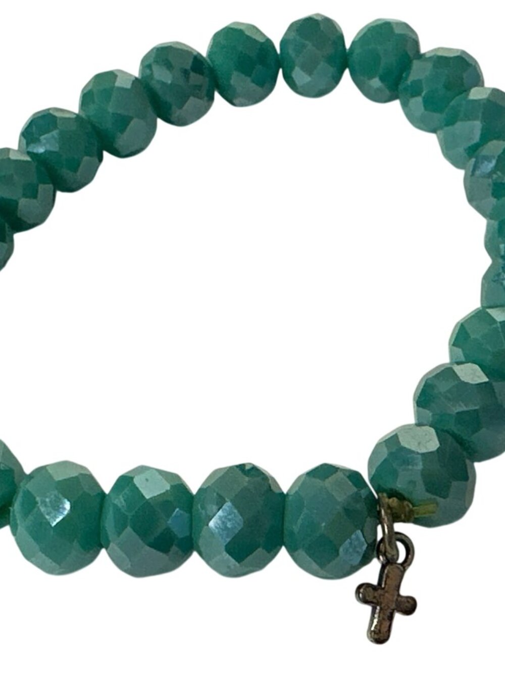 Beaded Bracelet Faceted Green Cross Charm Elastic Stretch Jewelry Sparkly